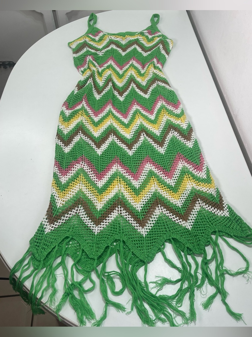 Crochet Chevron Fringe Maxi Dress Cover Up Festival Women's LG Almost Famous